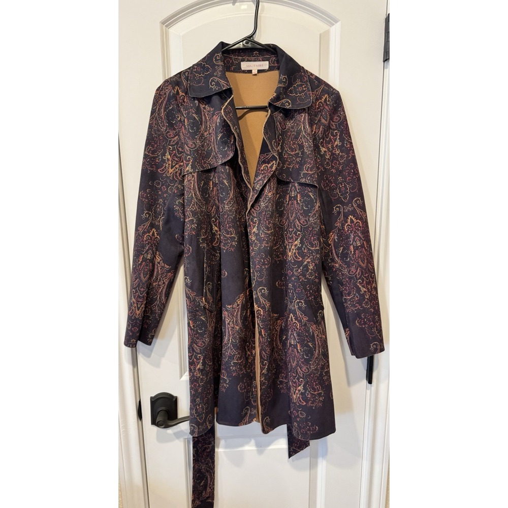 Solitaire Women's Paisley Print Trench Coat Jacket Size Small Belted Boho Chic